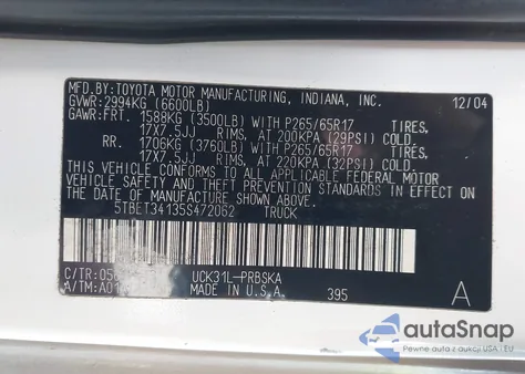 2005 Toyota Tundra Sr5 V8 z USA, uszkodzony, nr VIN 5TBET34135S472062